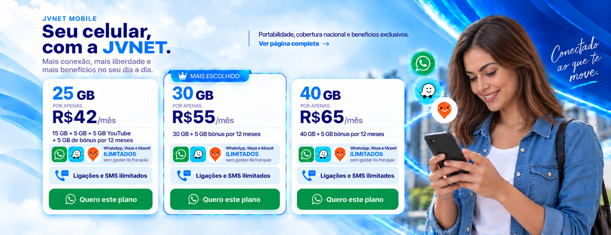 Cliente usando o celular, com ícones do WhatsApp, Waze e Moovit